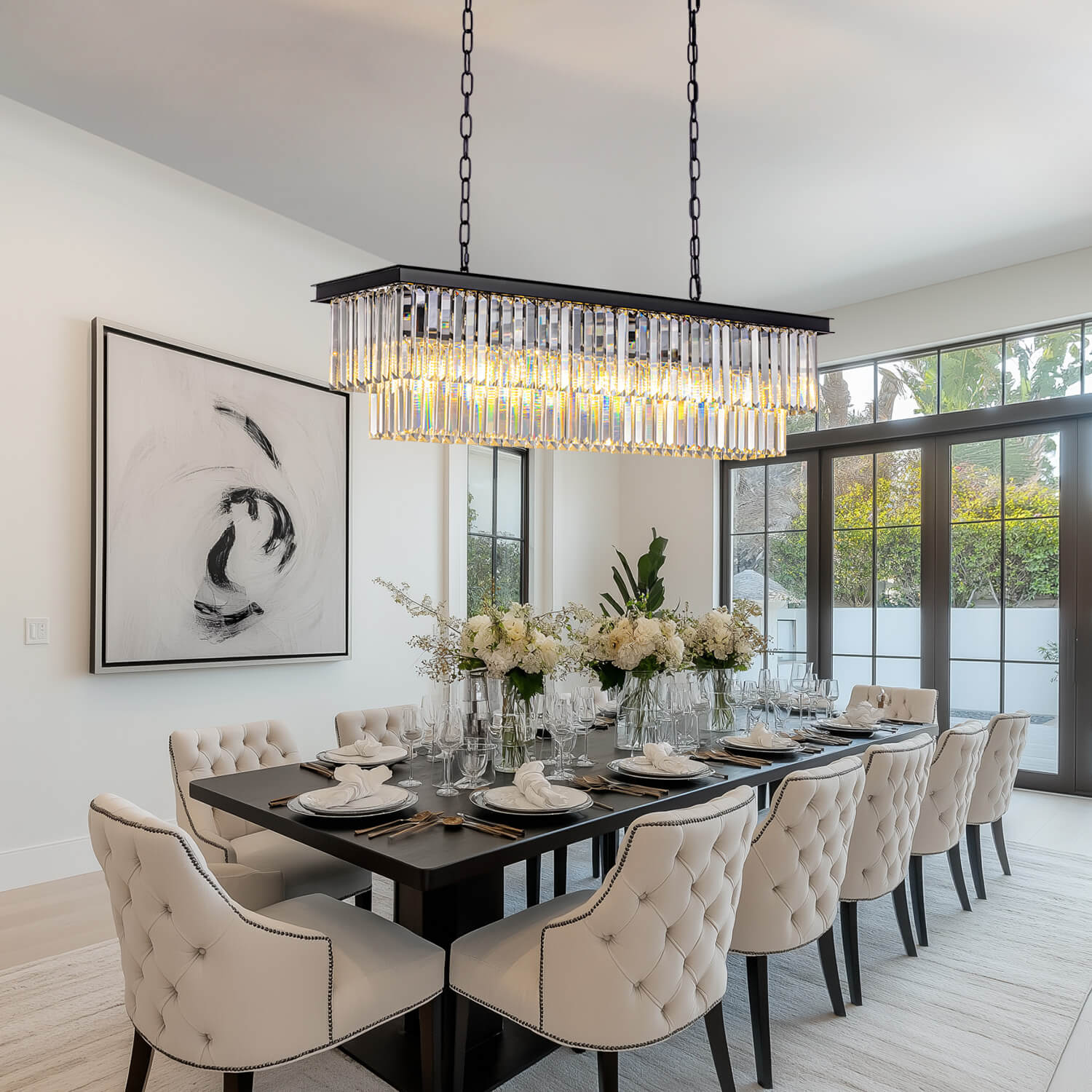 Modern Glam Black Metal Crystal Rectangular Chandelier for Dining Room and Kitchen Island | Sofary Lighting-ch028-20250623-4