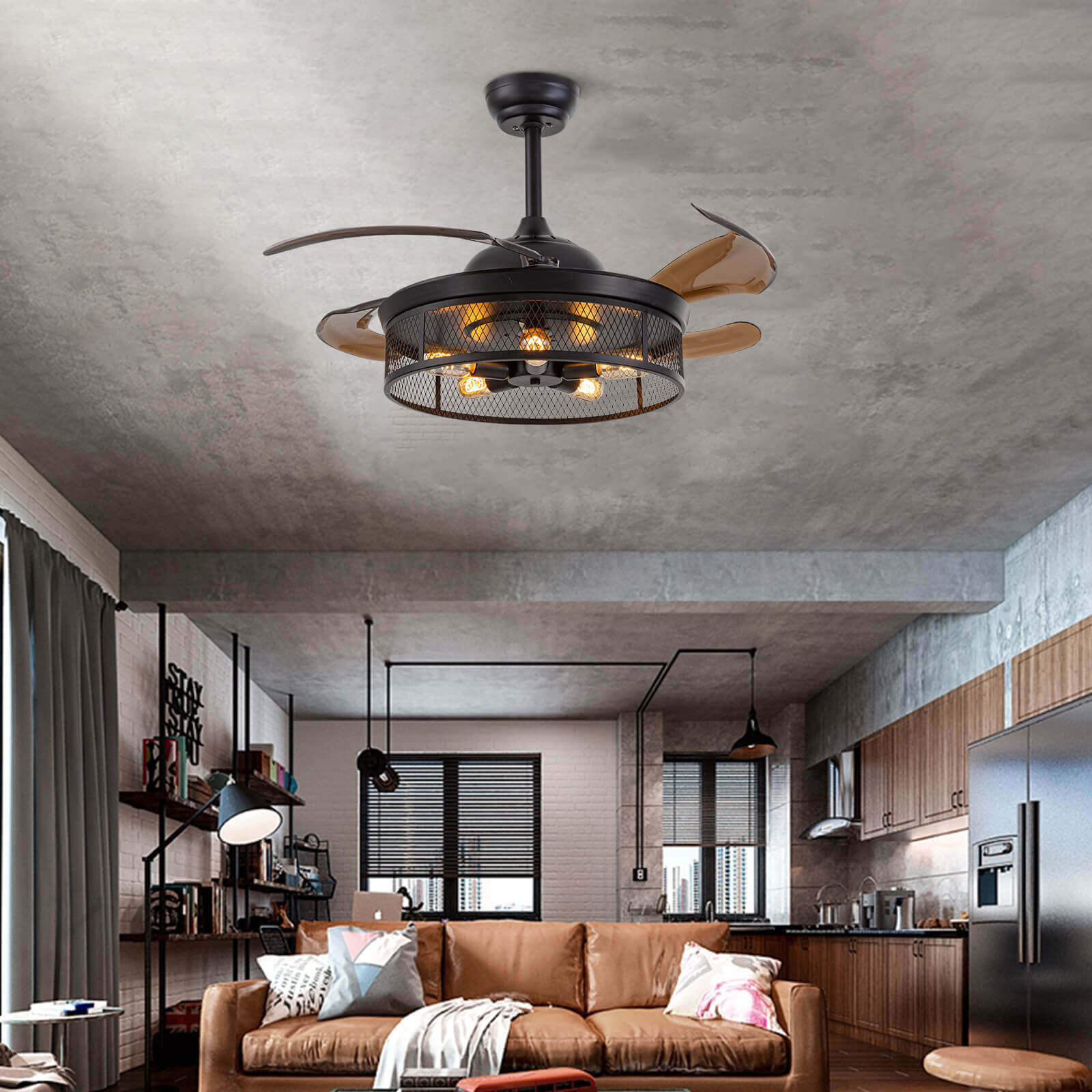 Industrial Black Caged Retractable Fandelier