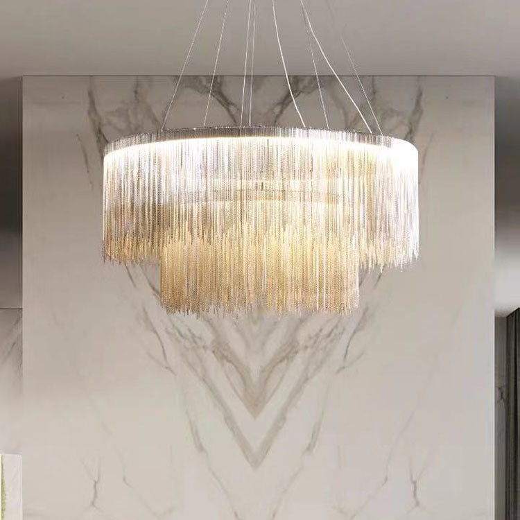 Modern-Chrome-Metal-Frame-Tassel-Two-Ring-Chandelier