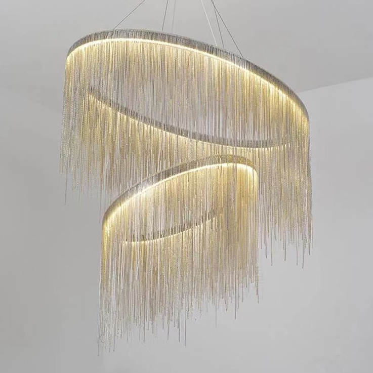Modern-Chrome-Metal-Frame-Tassel-Two-Ring-Chandelier
