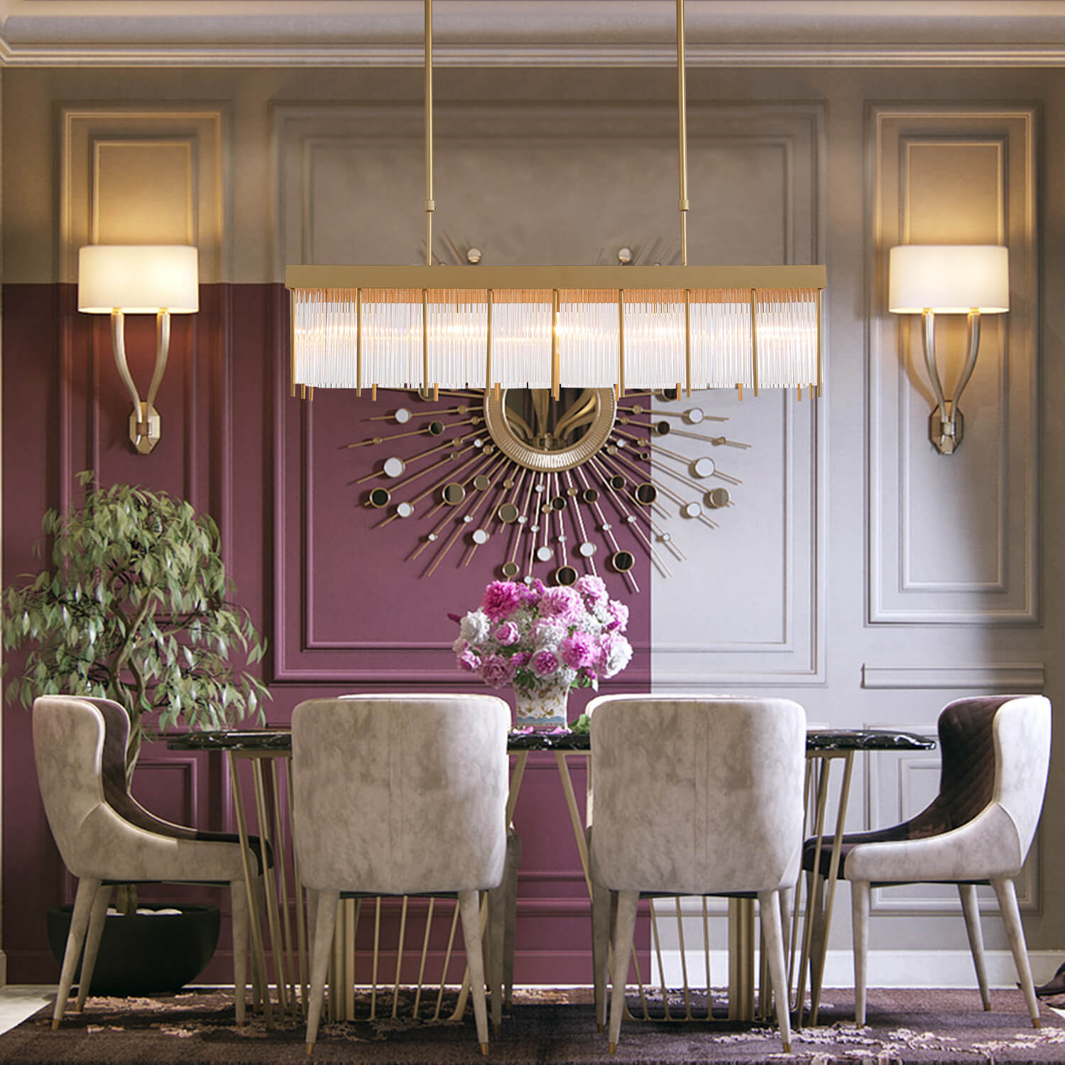 Rectangular Gold Frame Chandelier For Kitchen