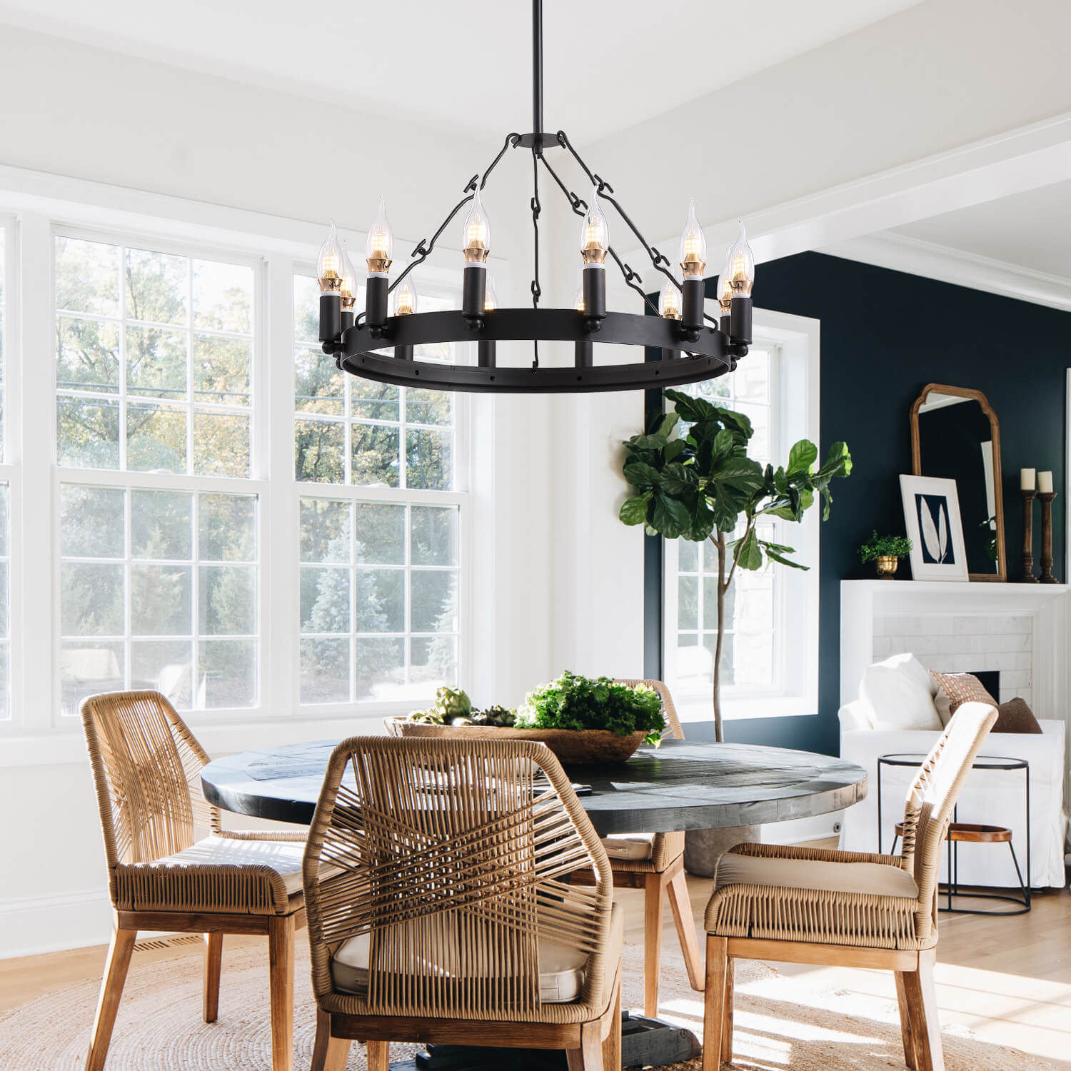 Round Candle Black Iron Chandelier