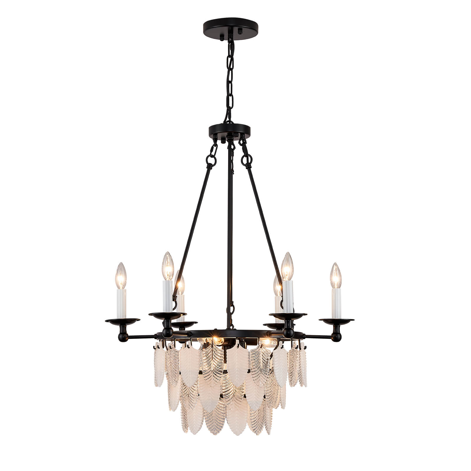 Modern-Matte-Black-Leaves-Candelabra-Round-Pendant-Light