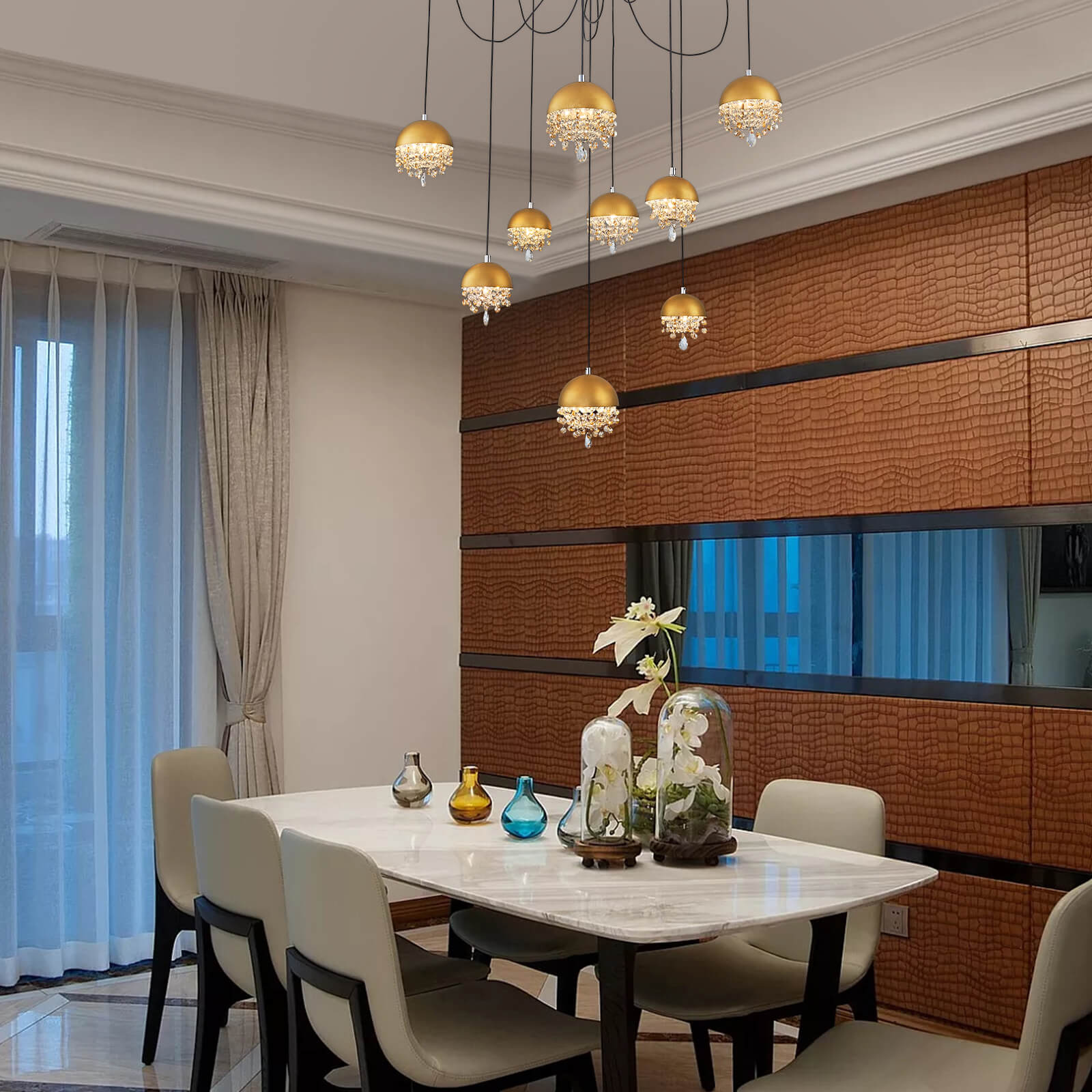 Gold Spider-Shaped String Ball Crystal Chandelier 9 Lights