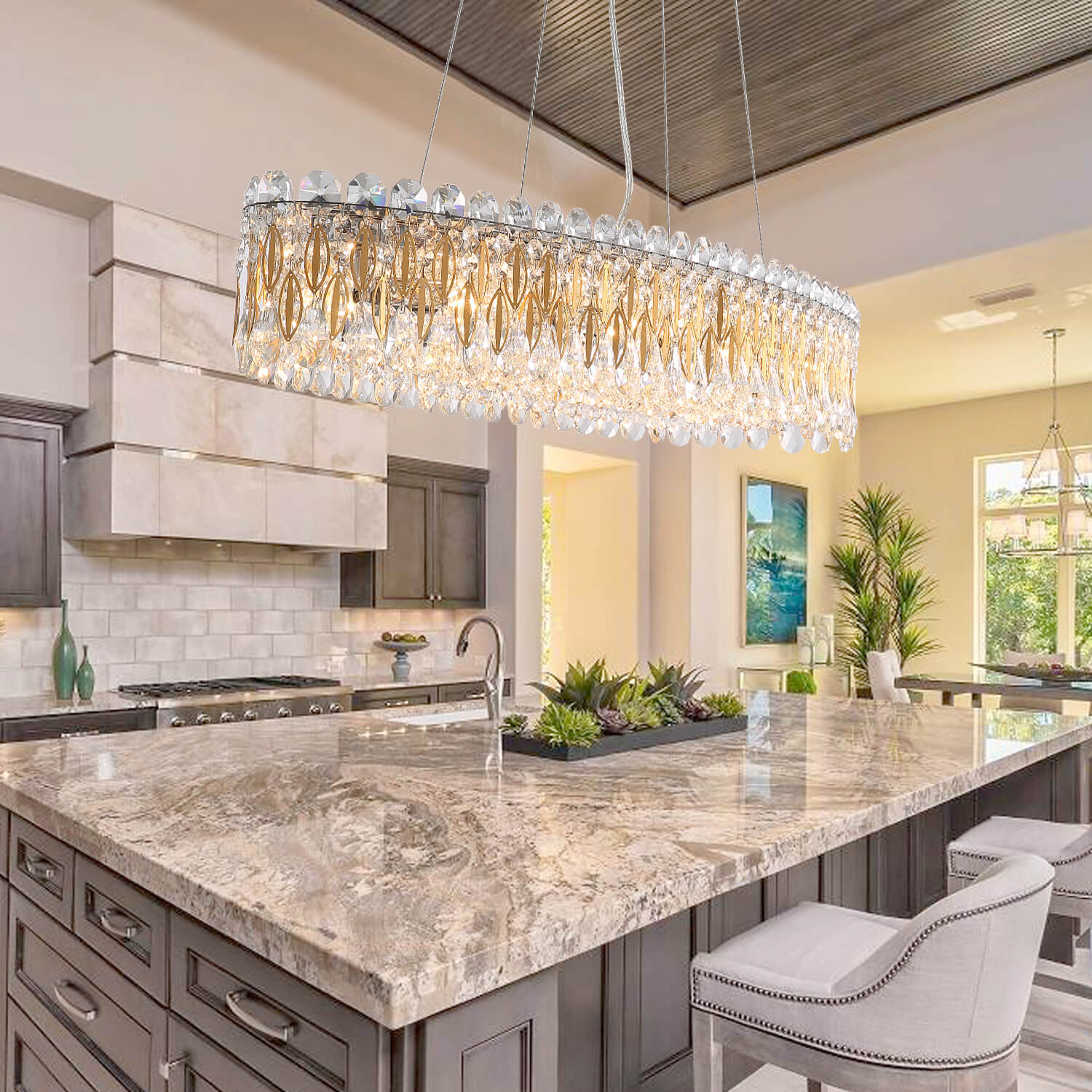 Golden Aluminum Piece Octagonal Column Frame Crystal Chandelier