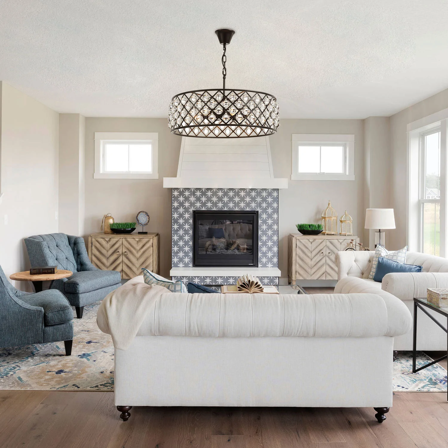 Round Matte Black Metal Grid Raindrop Crystal Chandelier