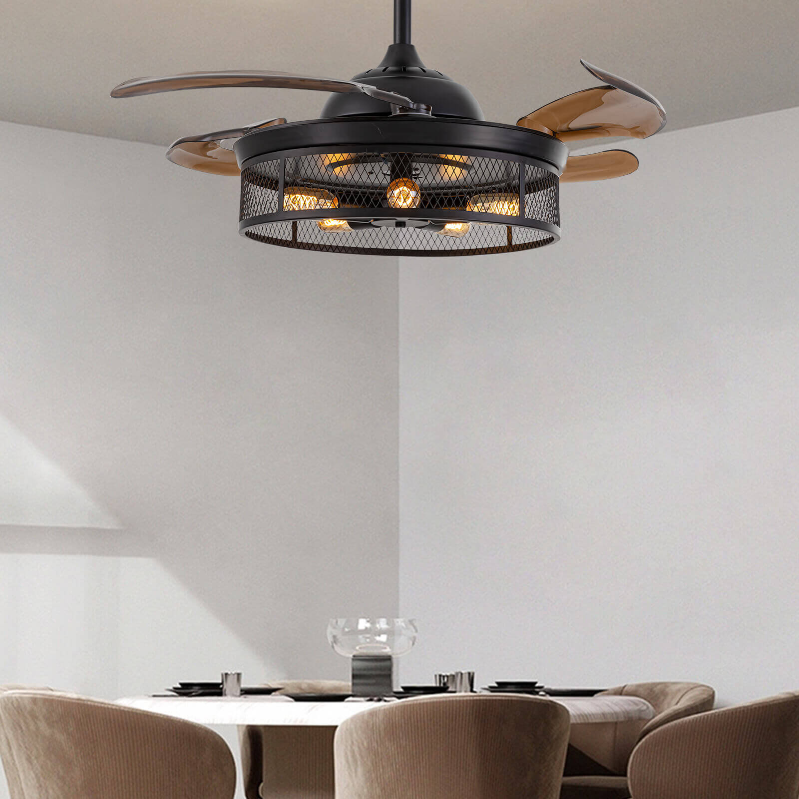 Industrial Black Caged Retractable Fandelier