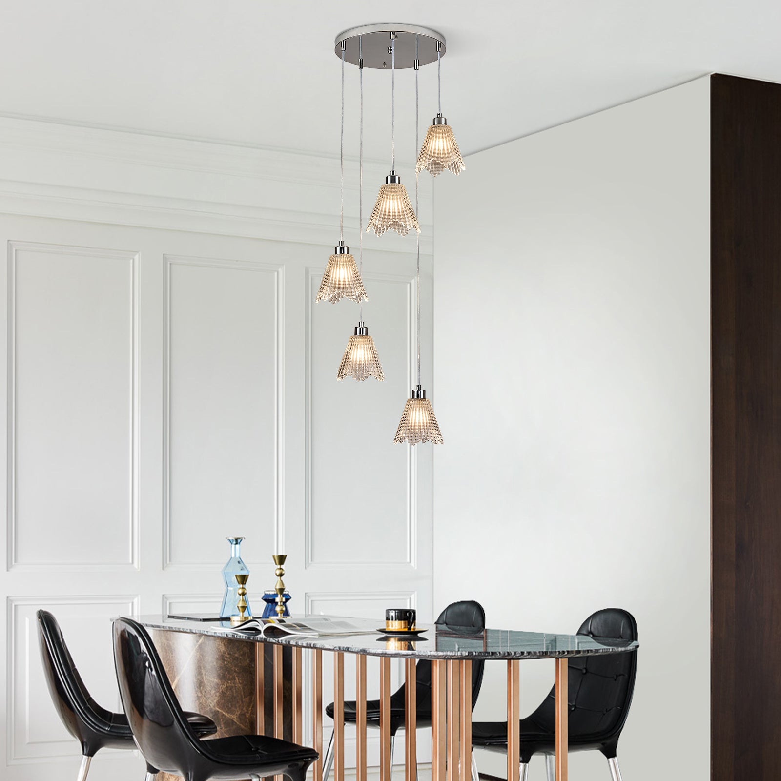 Spiral Chrome Bamboo Hat Glass Chandelier