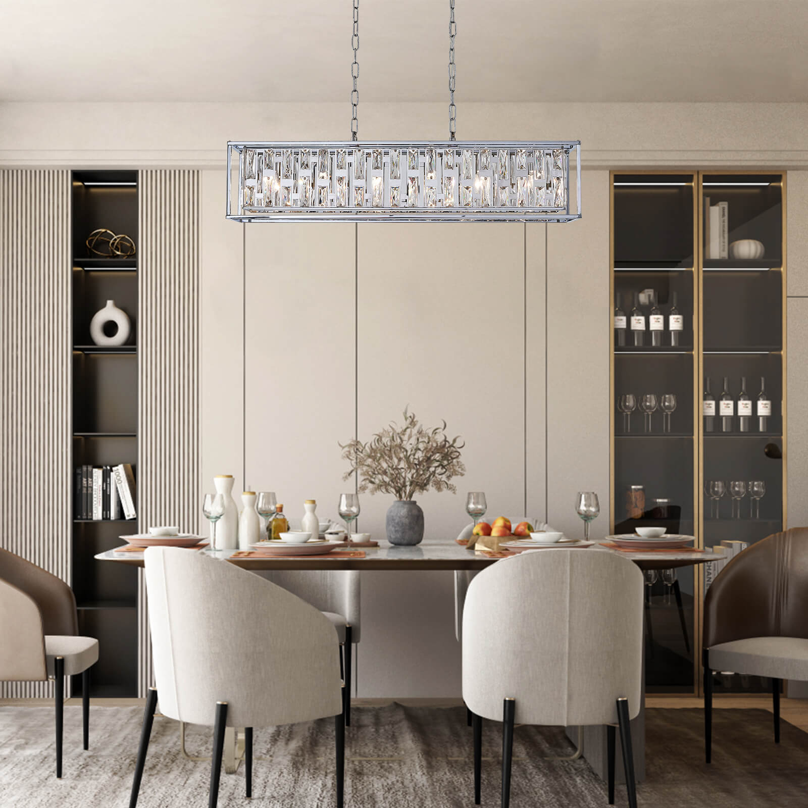 Silver Metal frame Rectangular Crystal Chandelier