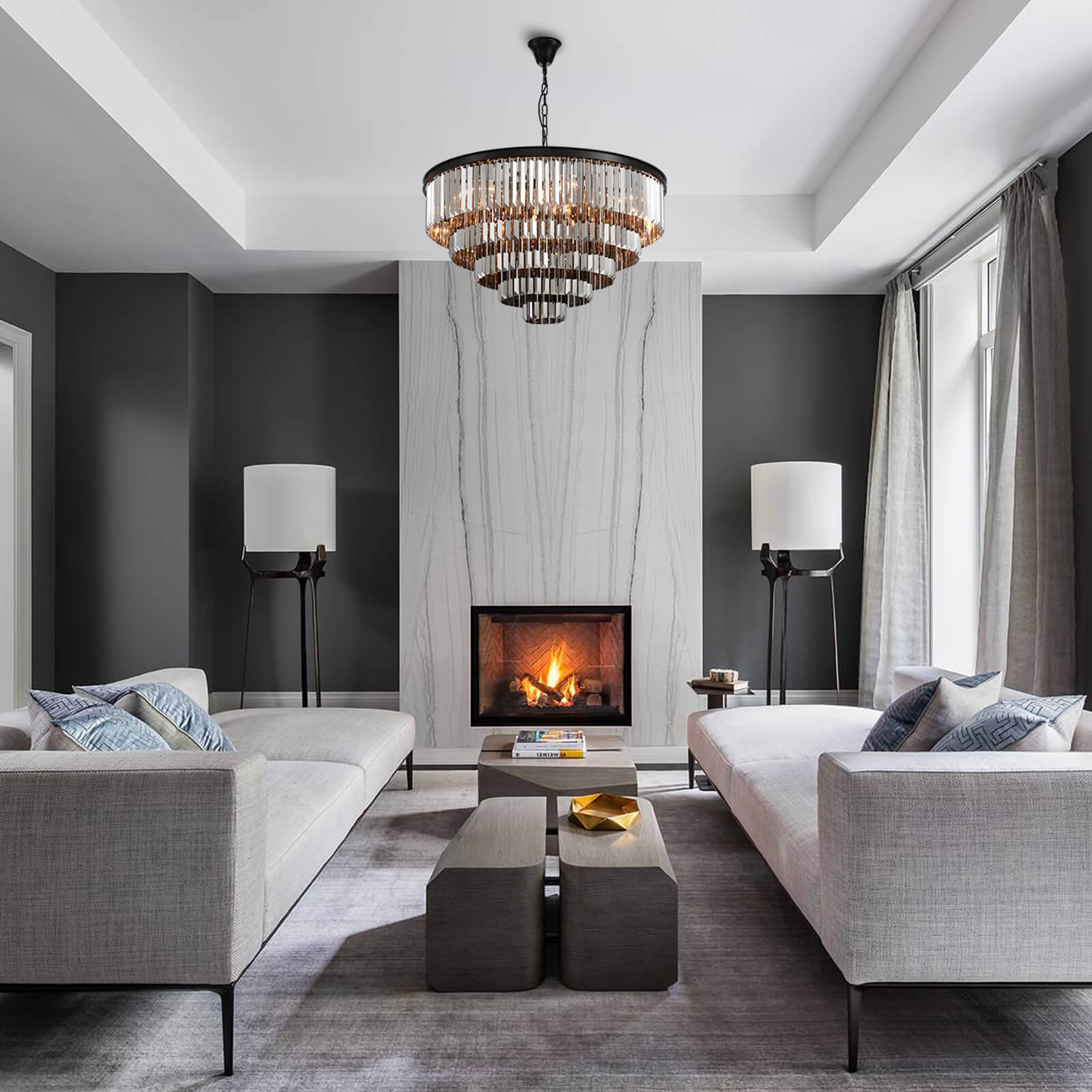 Round Black Iron 5-layer Smoke Gray Crystal Chandelier