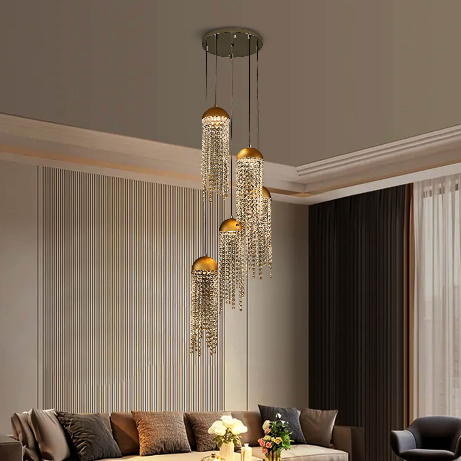 Gold Tassel Crystal Chandelier 5 Lights