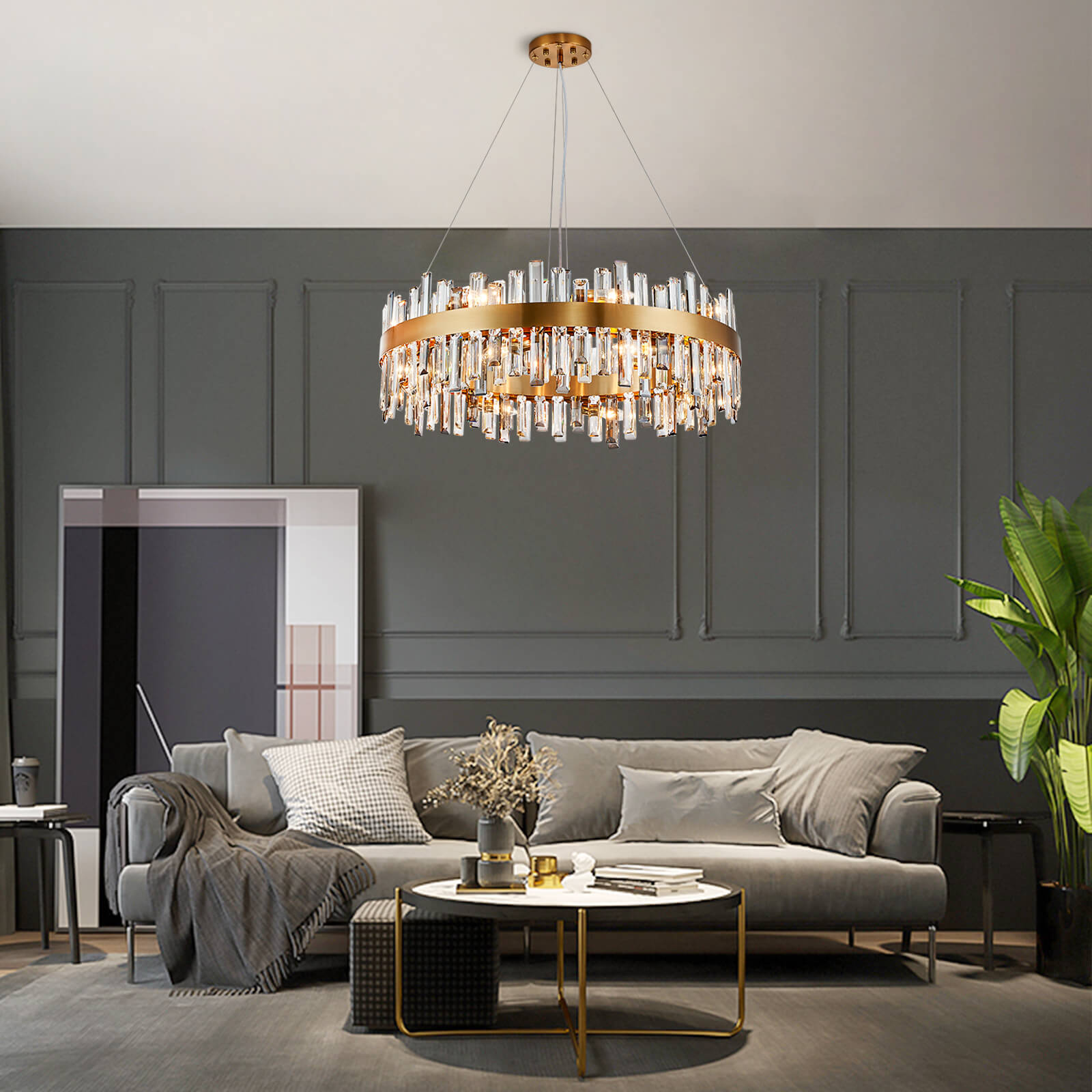 Round Gold Frame Irregular Crystal Bar Chandelier