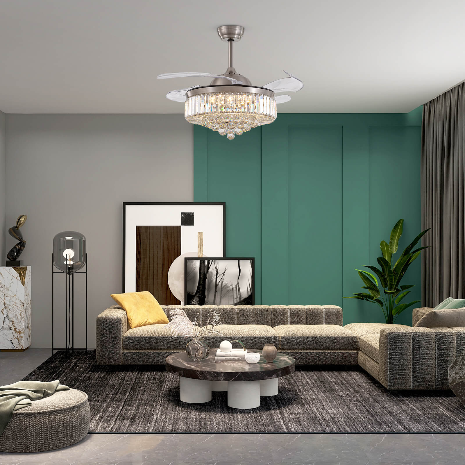 Moooni Crystal Fandeliers Retractable Chandelier Fan with Lights