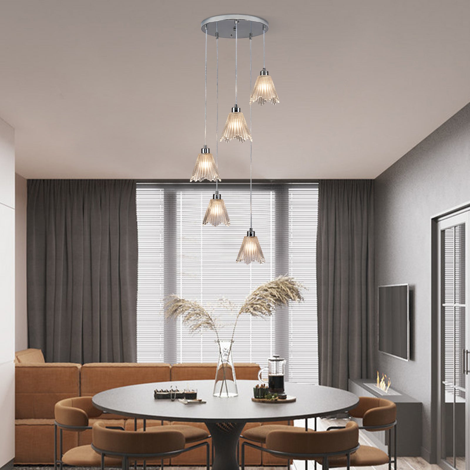 Spiral Chrome Bamboo Hat Glass Chandelier