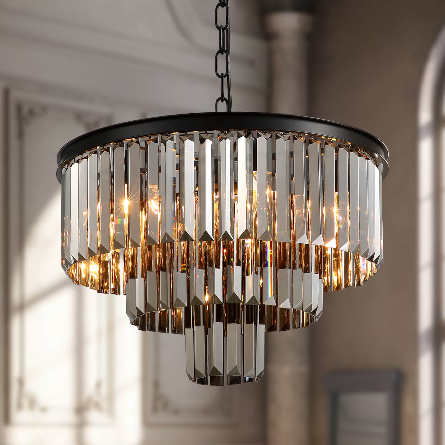 Smoke Gray Round Iron Art 3-layer Chandelier