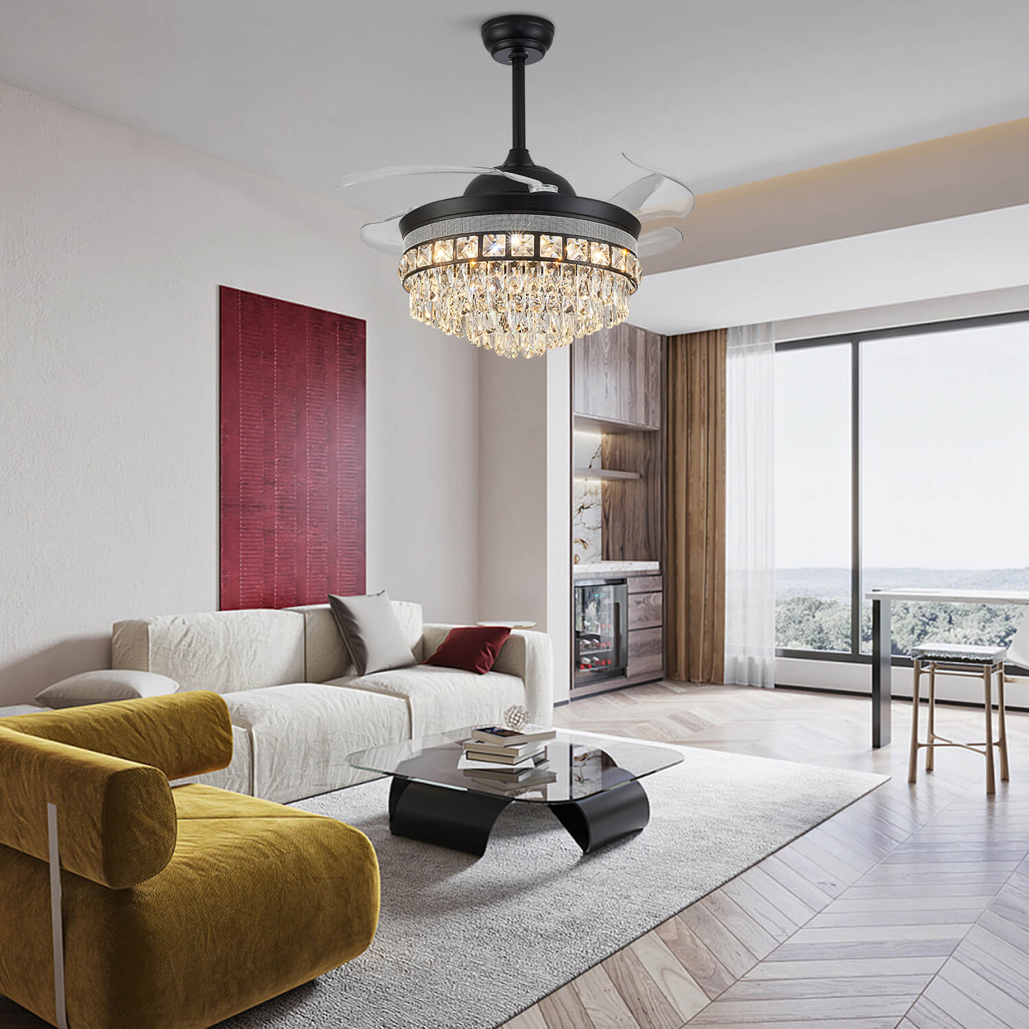 Top Rated Black Retractable Crystal Ceiling Fan Chandelier