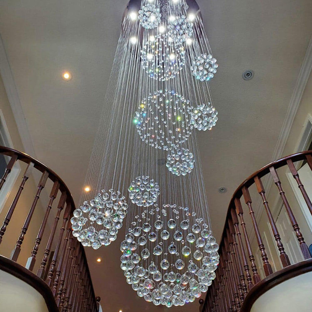 Glitzy Crystal Spiral Raindrop Chandelier For Long Staircase & Entry Foyer