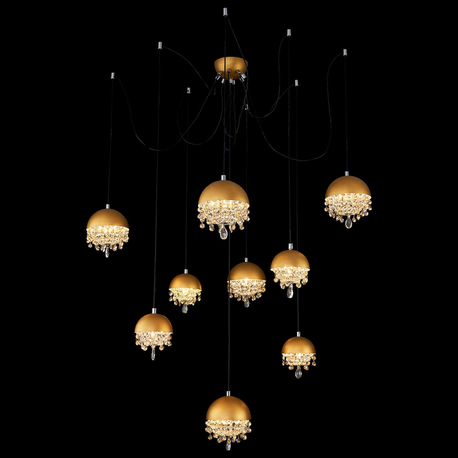 Gold Spider-Shaped String Ball Crystal Chandelier 9 Lights