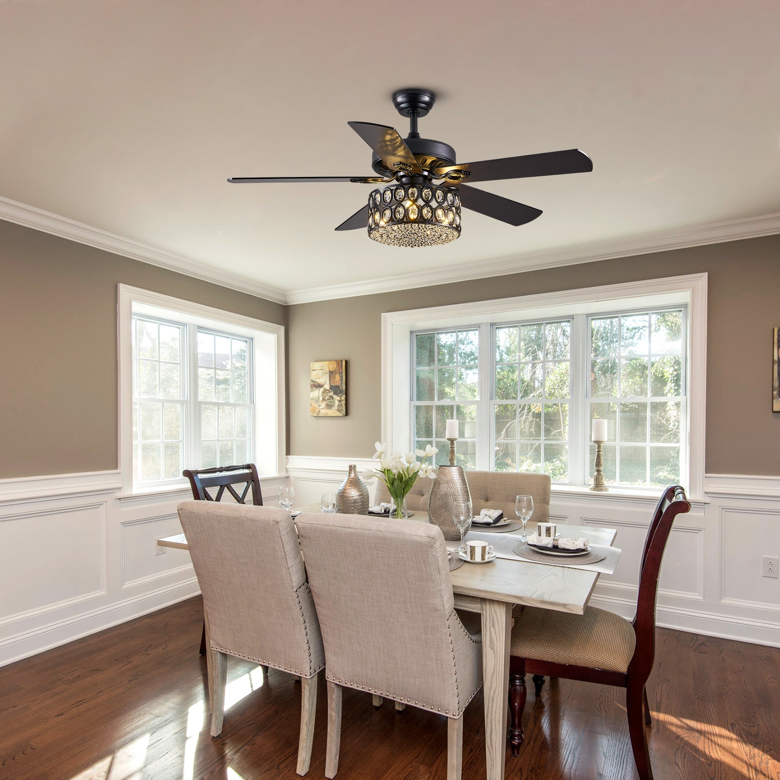 MOOONI-Ceiling-Fan-Light-Matte-Black-Industrial-Double-Layer-Oval-Crystal-Fandelier-50“-Dining-Room