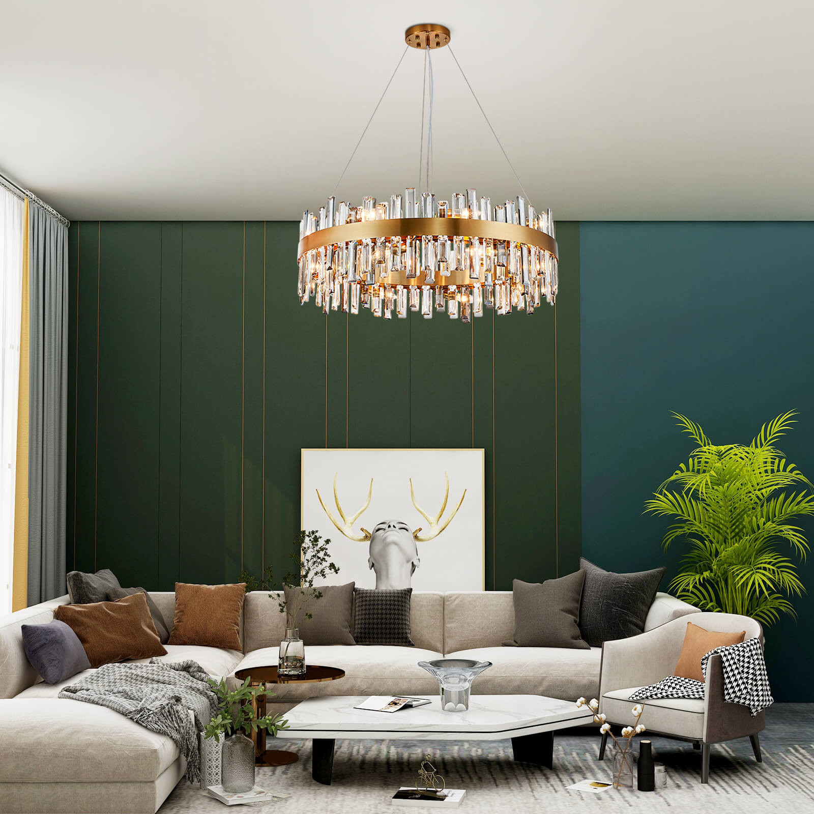 Round Gold Frame Irregular Crystal Bar Chandelier