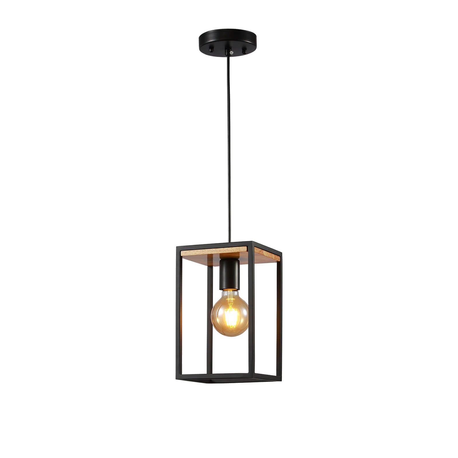 Farmhouse-Black-Single-Head-Wooden-Metal-Frame-Pendant-Light
