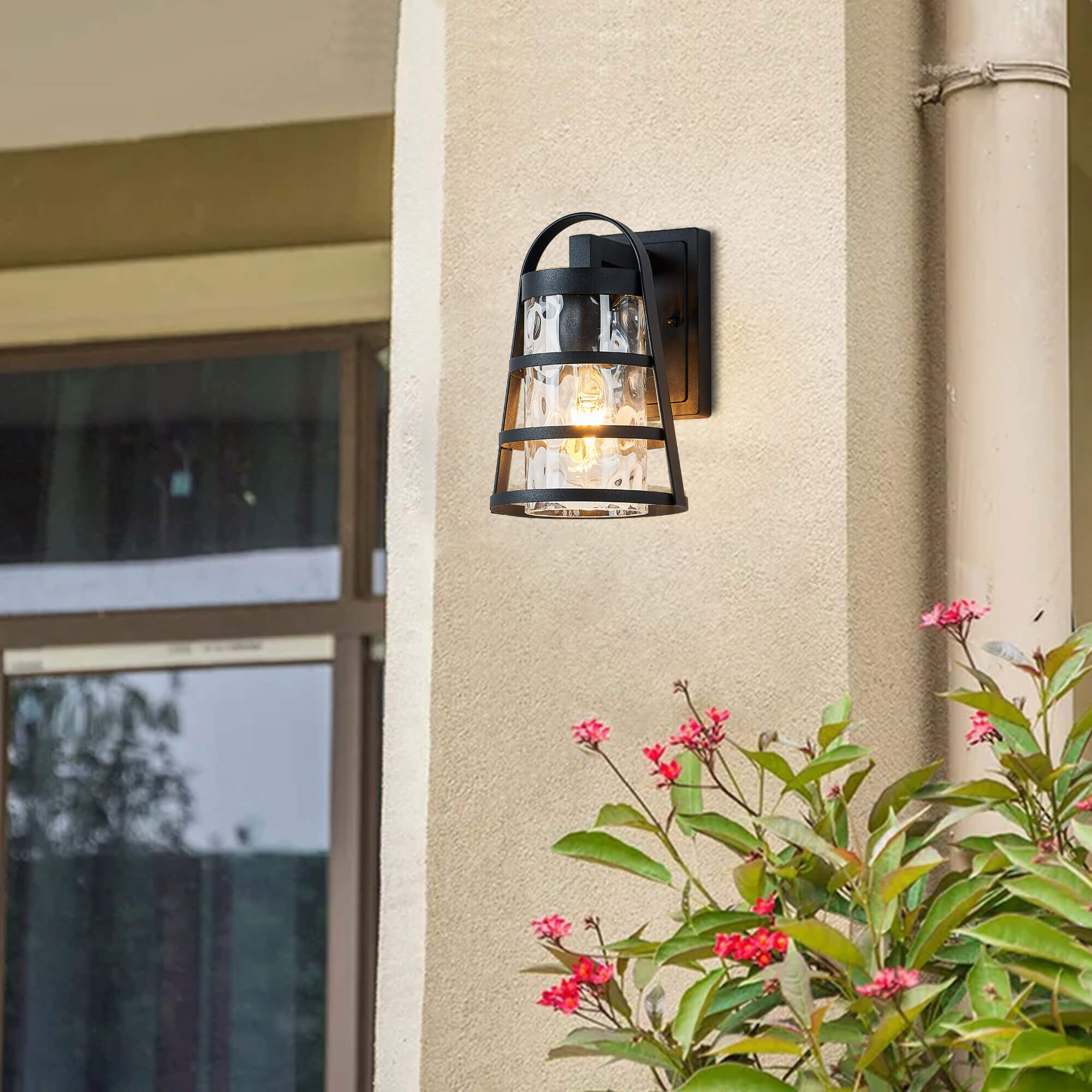 Farmhouse-Matte-Black-Wall-Light-With-Rippled-Glass-Lampshade