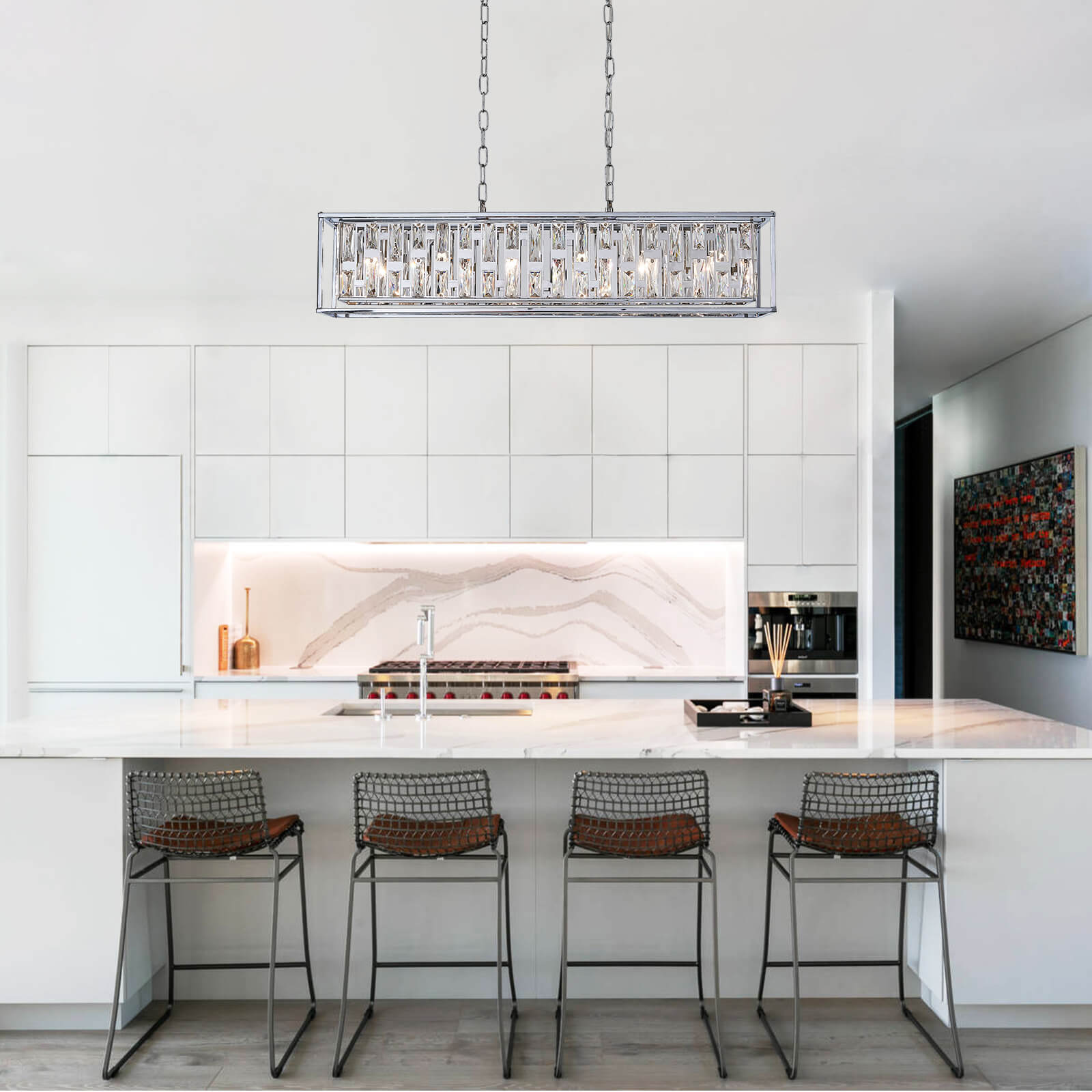 Silver Metal frame Rectangular Crystal Chandelier