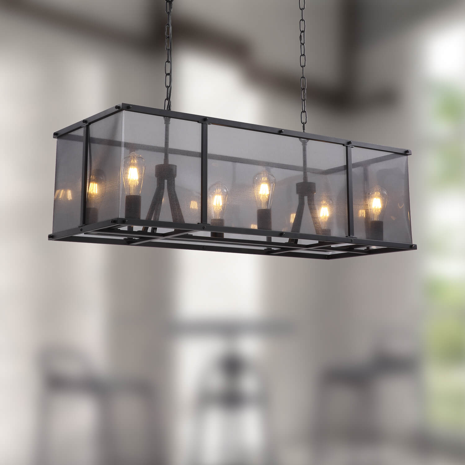 Moooni®Rustic Black Metal Rectangular Grid Square Caged Chandelier