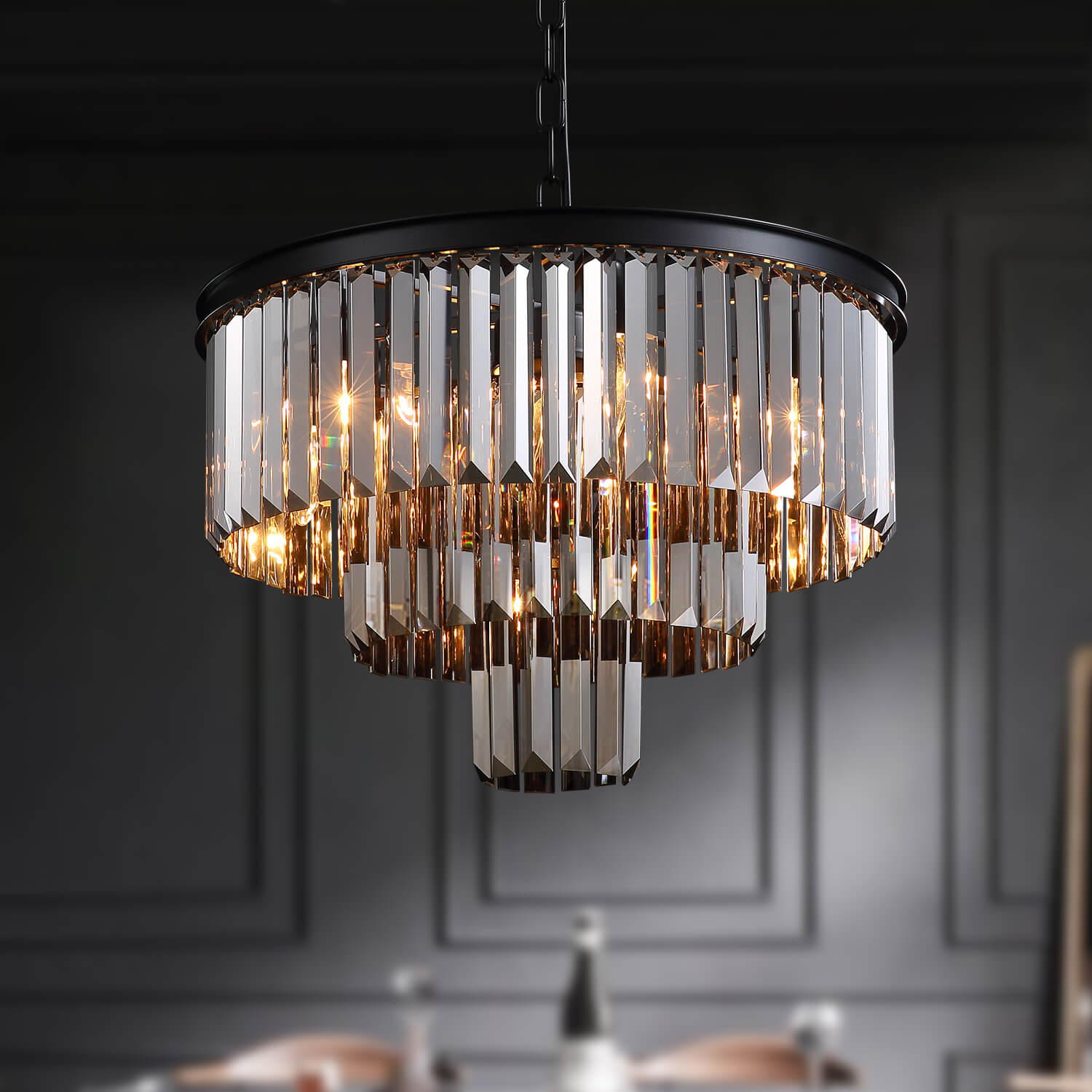 Smoke Gray Round Iron Art 3-layer Chandelier