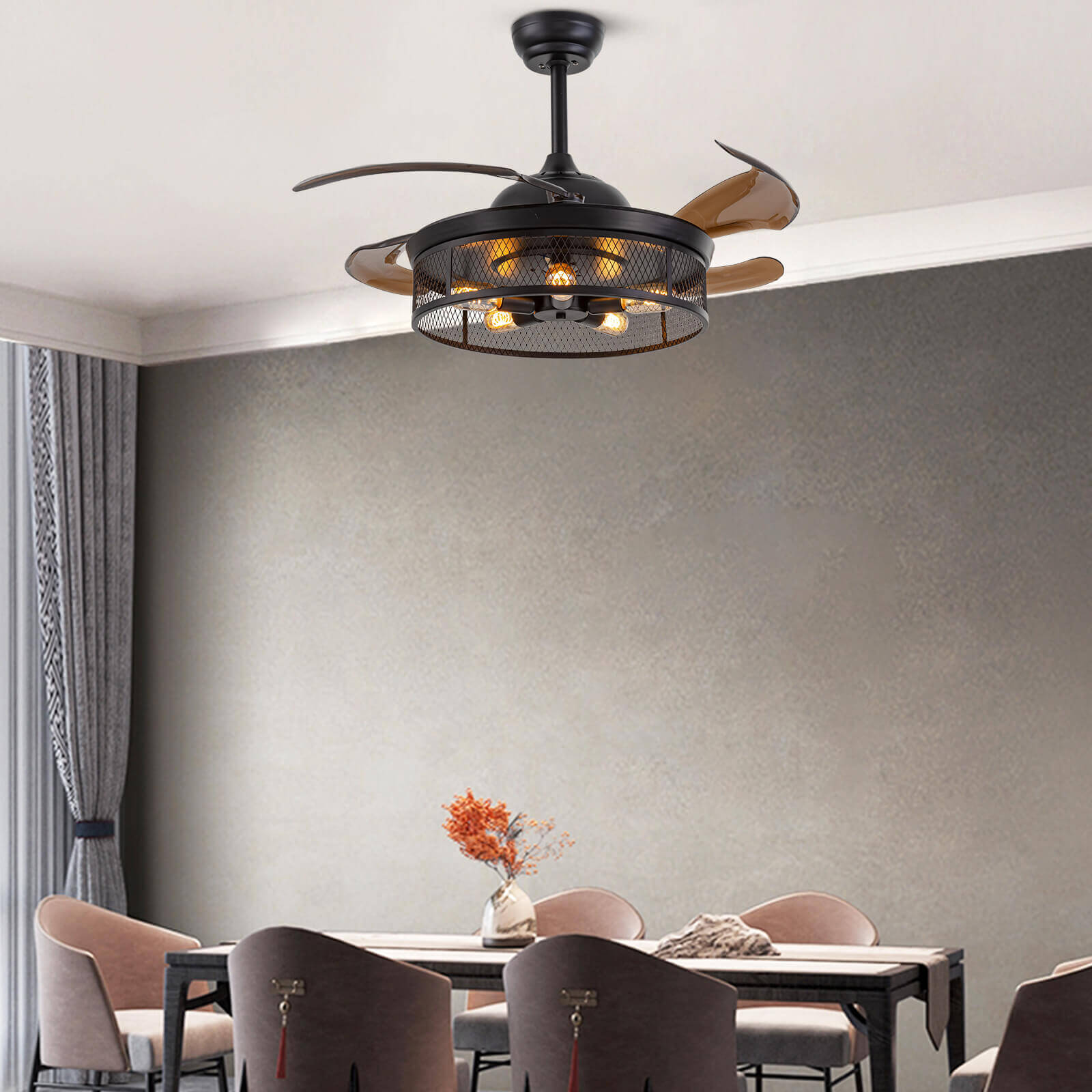 Industrial Black Caged Retractable Fandelier