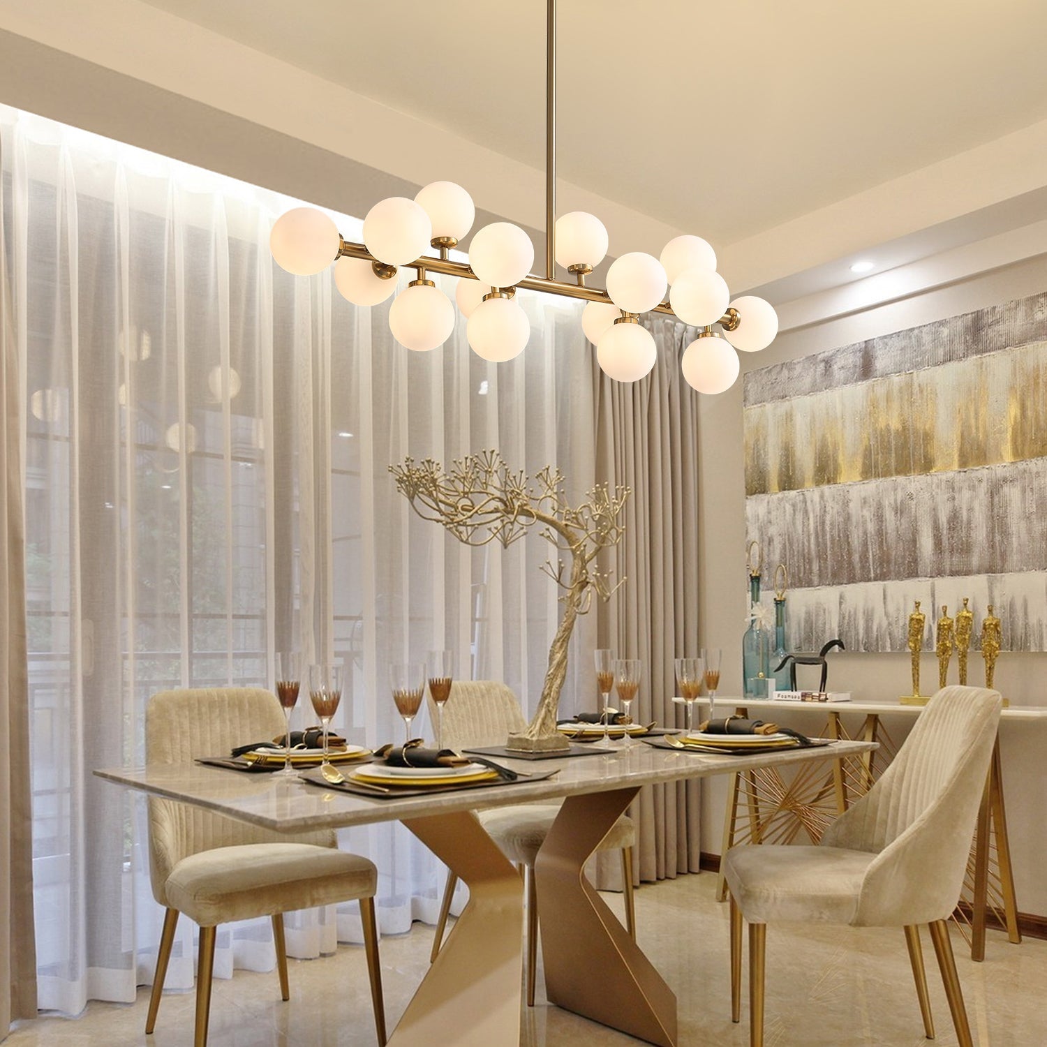 Gold Mid-Century Glass Globe Golden Stents Hanging Light