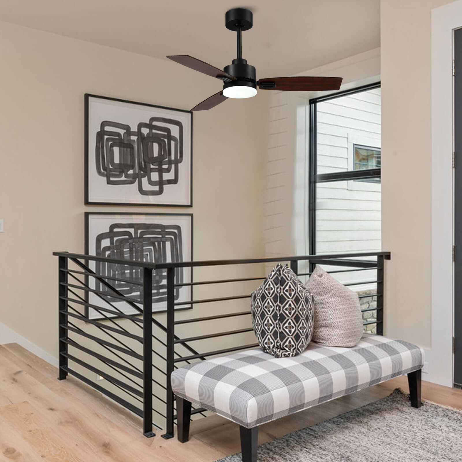 MOOONI-Ceiling-Fan-With-LED Strip-Matte-Black-Lampshade-41"-Wood-Blades-Hallway