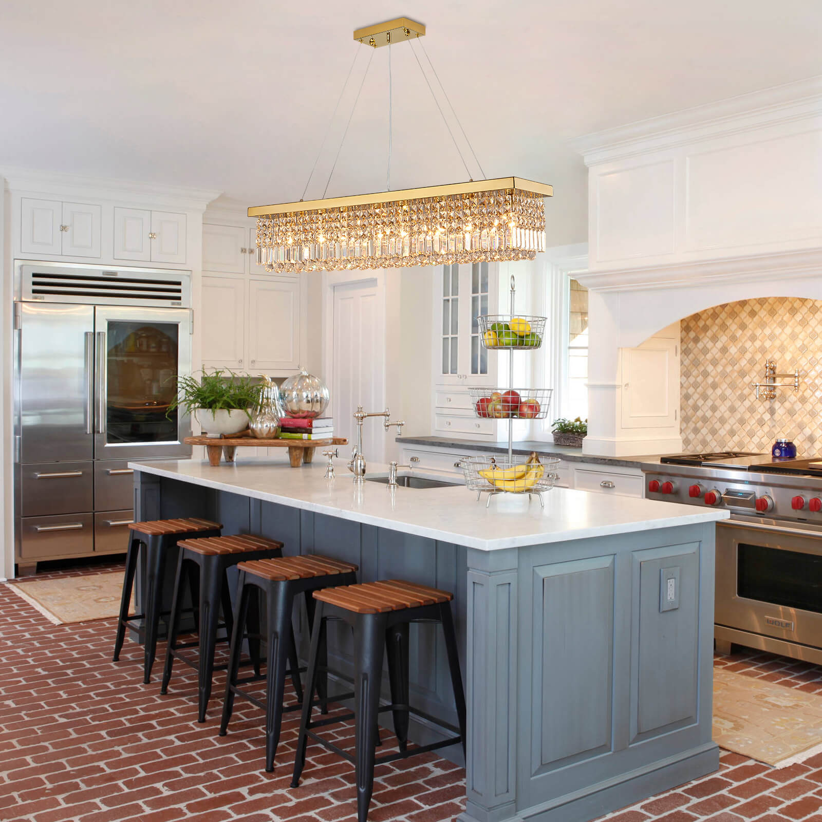 Rectangular Gold Canopy Crystal Chandelier For Kitchen