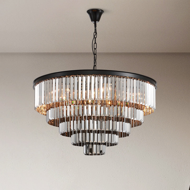 Round Black Iron 5-layer Smoke Gray Crystal Chandelier