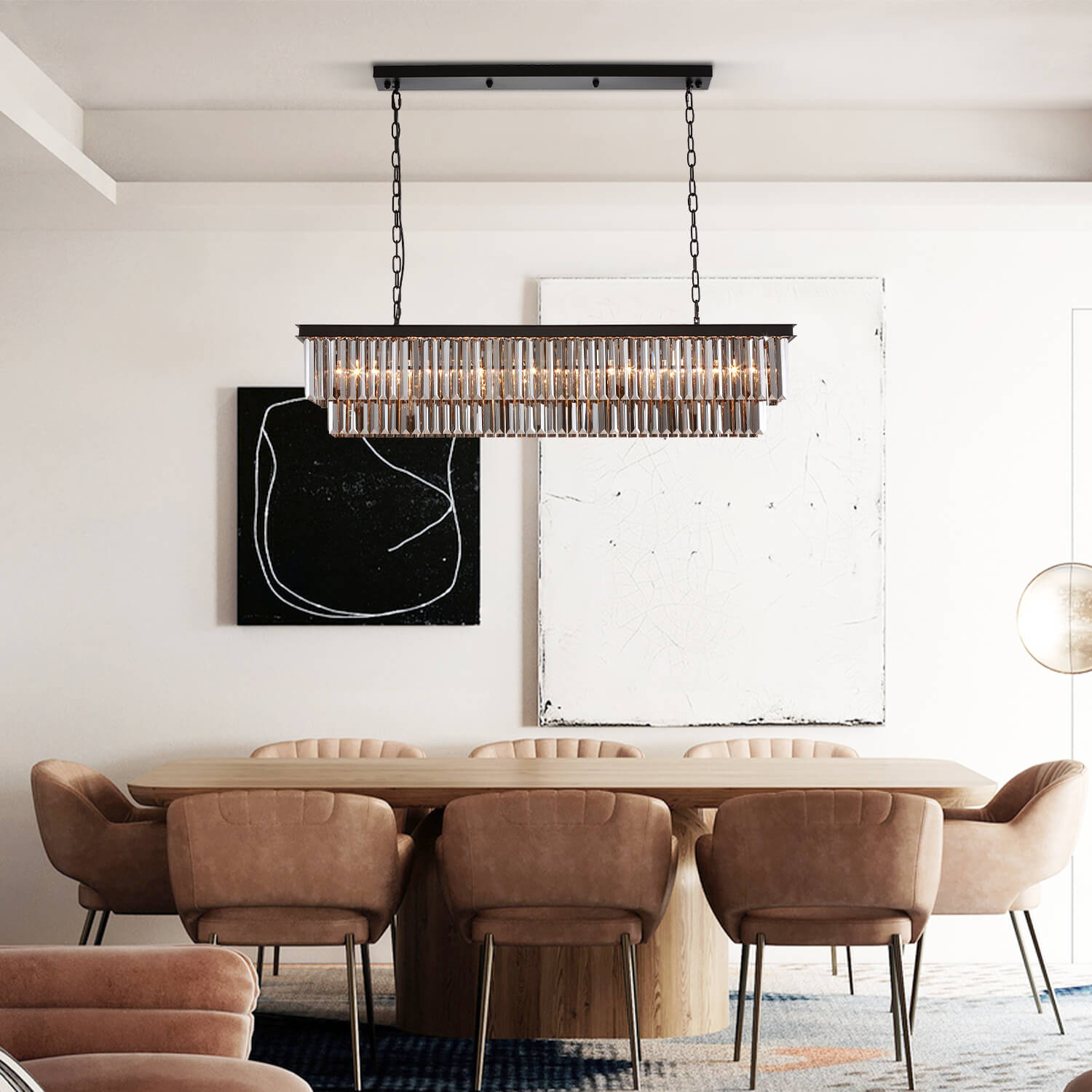 Modern-Matte-Black-Black-Rectangular-Metal-Frame-Crystal-Chandelier-Kitchen