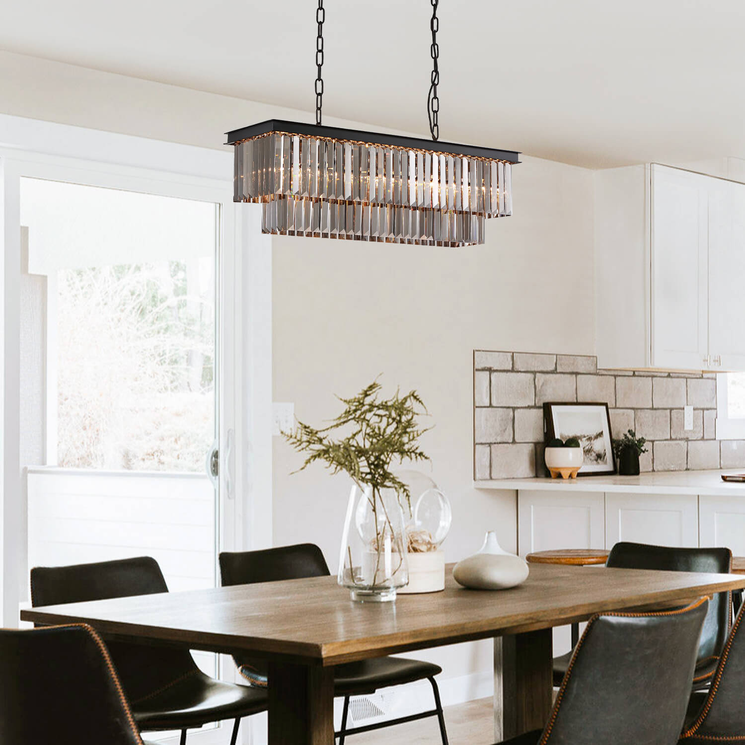 Modern-Matte-Black-Black-Rectangular-Metal-Frame-Crystal-Chandelier-Kitchen